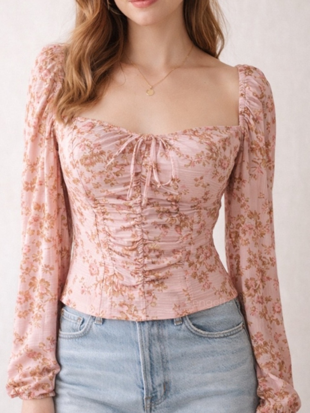 Free People Hilary Floral Ruched Top Pink Square Neck NWT L Fits S